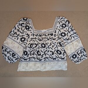 Christian Siriano Cream Black Floral Crochet Trim Shirt Linen Blend